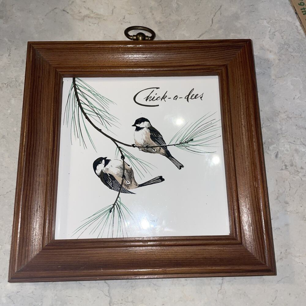 Vintage P Howard Framed Signed Ceramic Tile Trivet Chickadees Wall Home Decor